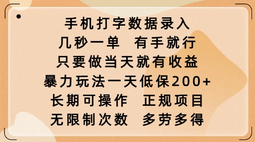 手机打字数据录入，几秒一单，有手就行，只要做当天就有收益，暴力玩法一天低保2张-七宝：认真做好一件事